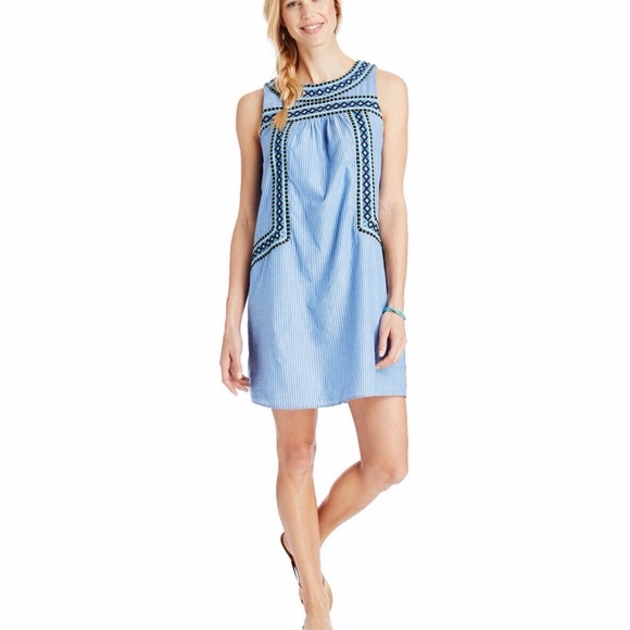Vineyard Vines Blue Striped Embroidered Mini Shift Dress Large Sleeveless - Picture 5 of 12